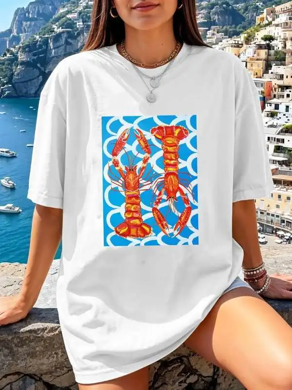 JHYF American Retro Vintage Summer Beach Vacation Hand-Painted Lobster Hot Girl Loose Short-Sleeve T-Shirt Women's Street Sty...
