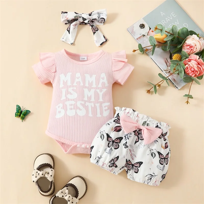 Newborn Baby Girl Mama Is My Bestie Outfit Ruffle Short Sleeve Romper Butterfly Shorts Headband Summer Clothes Set