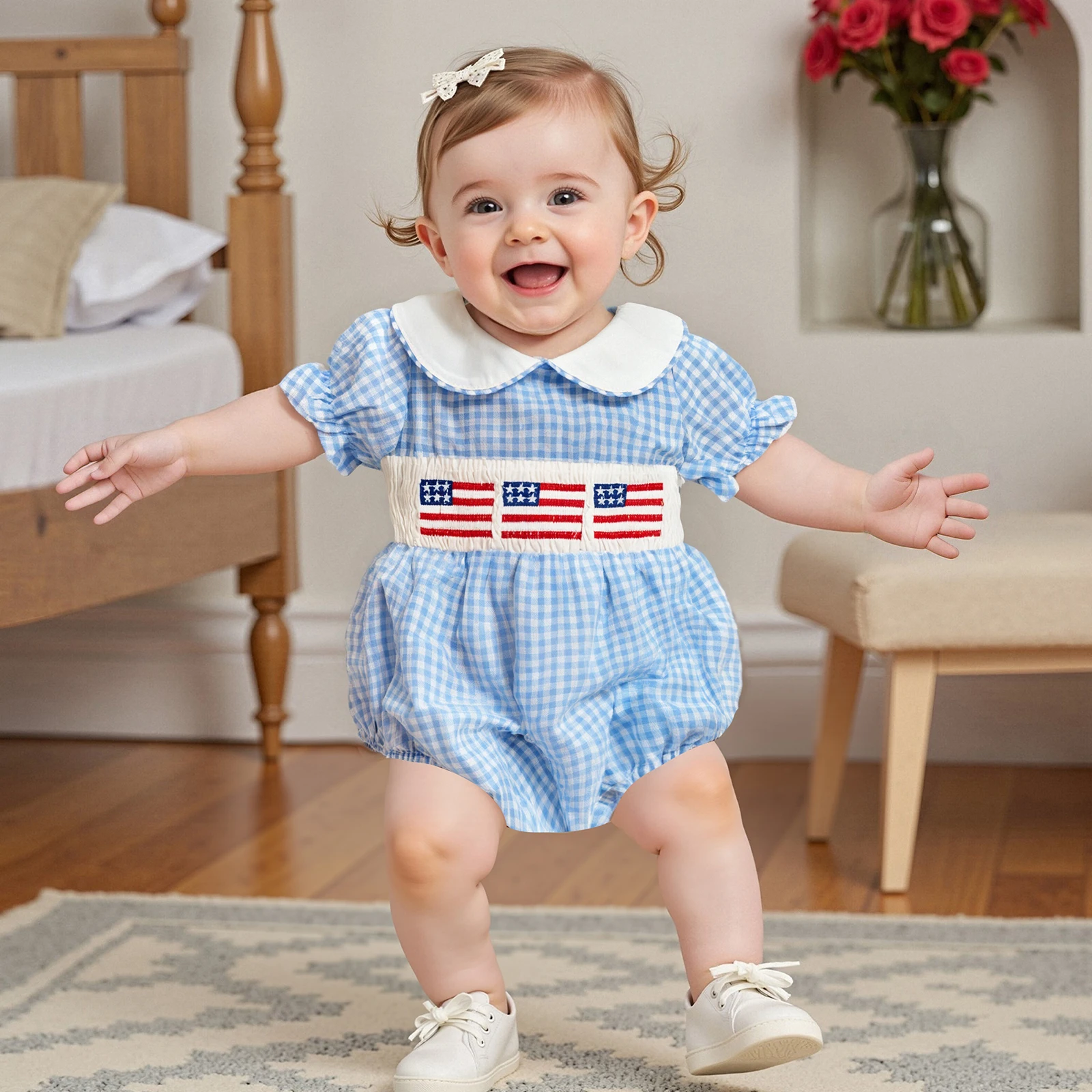 

Baby Clothing Girl 4th of July Romper Plaid Pattern American Flag Embroidery Ruffled Doll Collar Jumpsuit Newborn Clothes