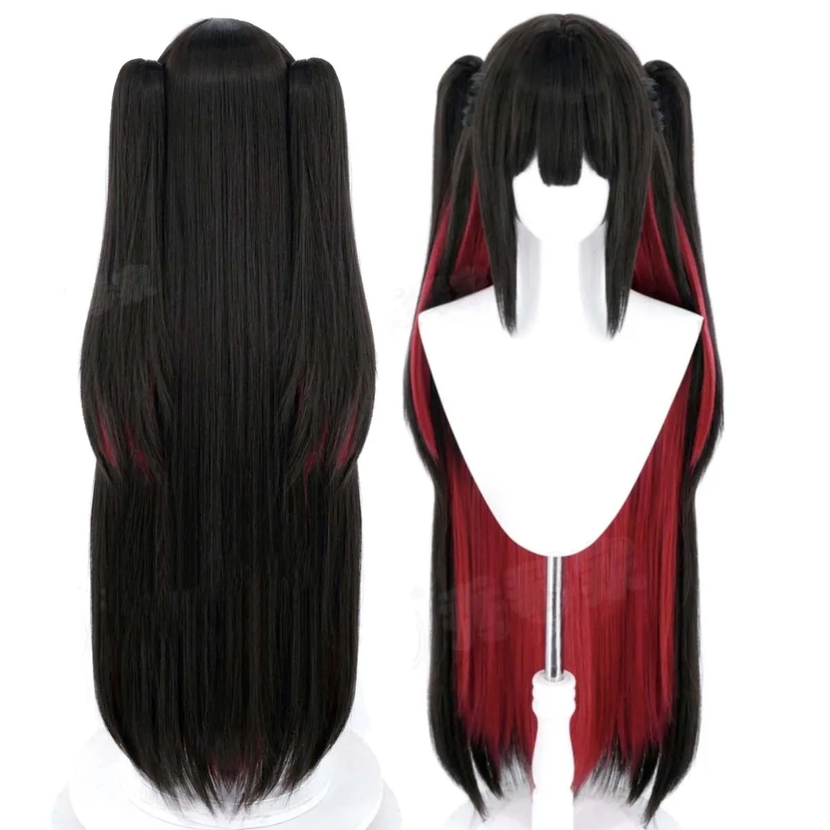Women Game Azur Lane Hatsuzuki Cosplay Wig 95cm Black‑Red Inner Gradient Double Ponytails Heat Resistant Synthetic Hair
