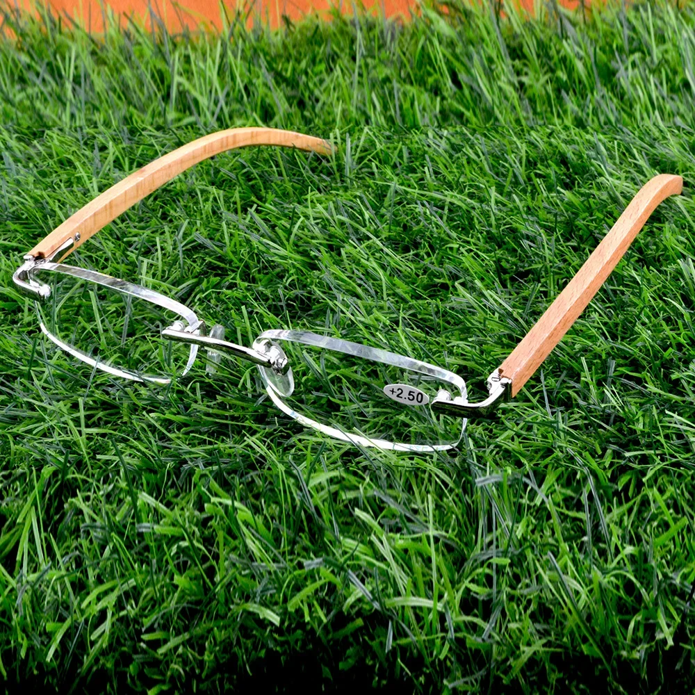 Natural Bamboo Wood Temples Frame Anti-fatigue Resin Rimless Reading Glasses +0.75 +1 +1.25 +1.5 +1.75 +2 To +4