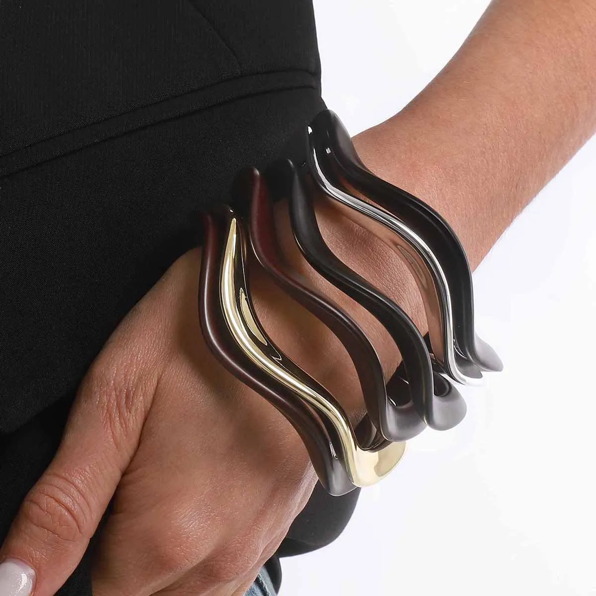 Fluid Wave Layered Bangle Multicolored Glossy Smooth Curved Stackable Wrist Cuff Modern Structural Statement Jewelry