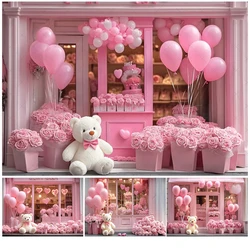 February 14 Valentine's Day Love Store Backdrop Toy Bear Love Heart Pink Flower Balloons Wedding Party Photography Background