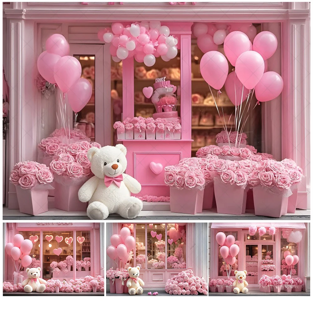 February 14 Valentine's Day Love Store Backdrop Toy Bear Love Heart Pink Flower Balloons Wedding Party Photography Background