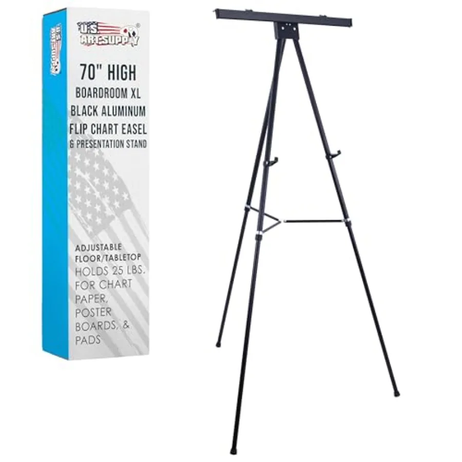 

70" High Boardroom XL Black Aluminum Flip Chart Easel and Presentation Stand - Adjustable Floor/Tabletop Portable Tripod Holds