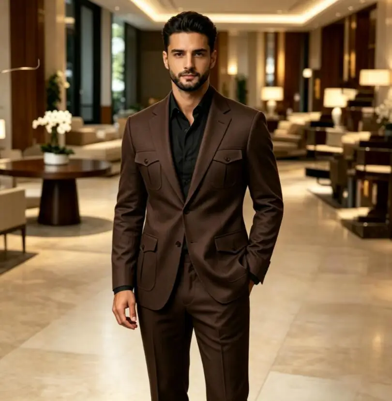 Men Safari 2 Piece Suit Dark Brown Multi‑Patch Pockets Blazer Pants Notched Lapel Business Party Wedding Formal Suits For Men