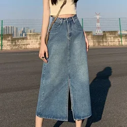 Gonna lunga in Denim primaverile donna Vintage Solid vita alta a-line Slim stile coreano Jean fessura gonna Midi Summer Fashion Girl