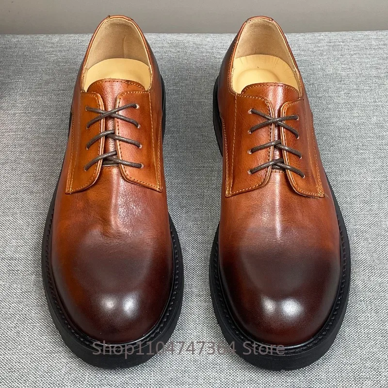British Style Brown Genuine Leather Business Dress Leather Shoes Men's Retro Handmade Commuting Lace Up Work Wedding Shoes Male