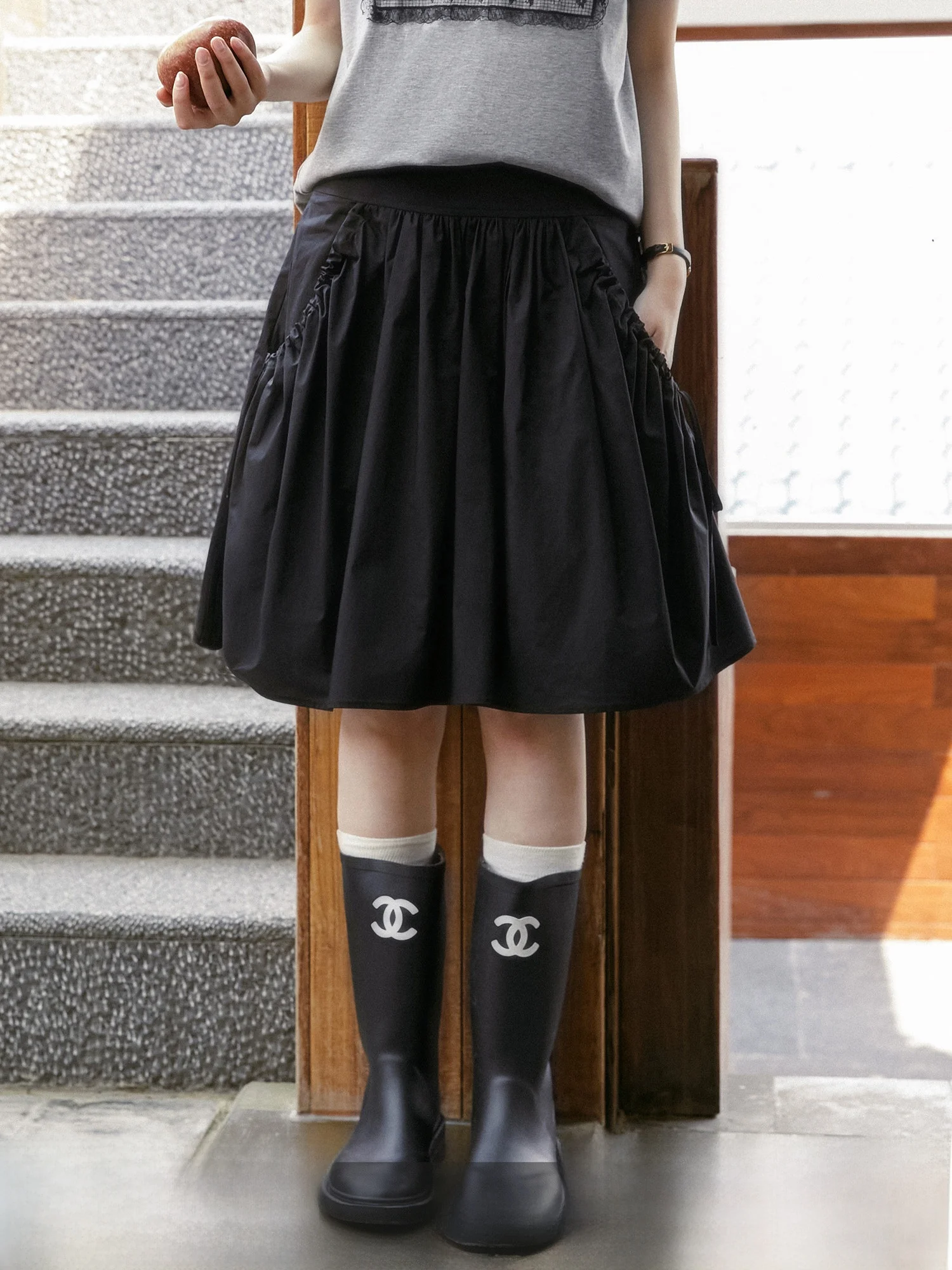 

MELLIIY 2025 Новая повседневная юбка А-силуэта с завязками, большая, женская, летняя, антивозрастная, черная, с высокой талией, из смесового хлопка