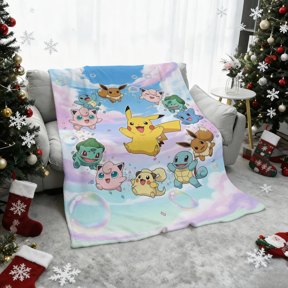 Pokemon Pikachu Gengar Bulbasaur Charmander Squirtle Psyduck Flannel Throw Blanket Soft Warm Blanket for Sofa Bed Home Decor Gif