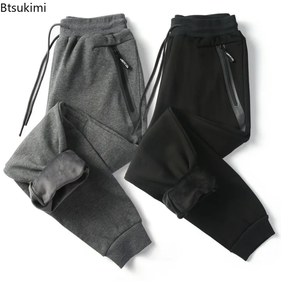 Men's Autumn Winter Fleece Sweatpants Fashion Warm Drawstring Pocket Casual Trousers Male Comfortable Loose Fitness Jogger Pants