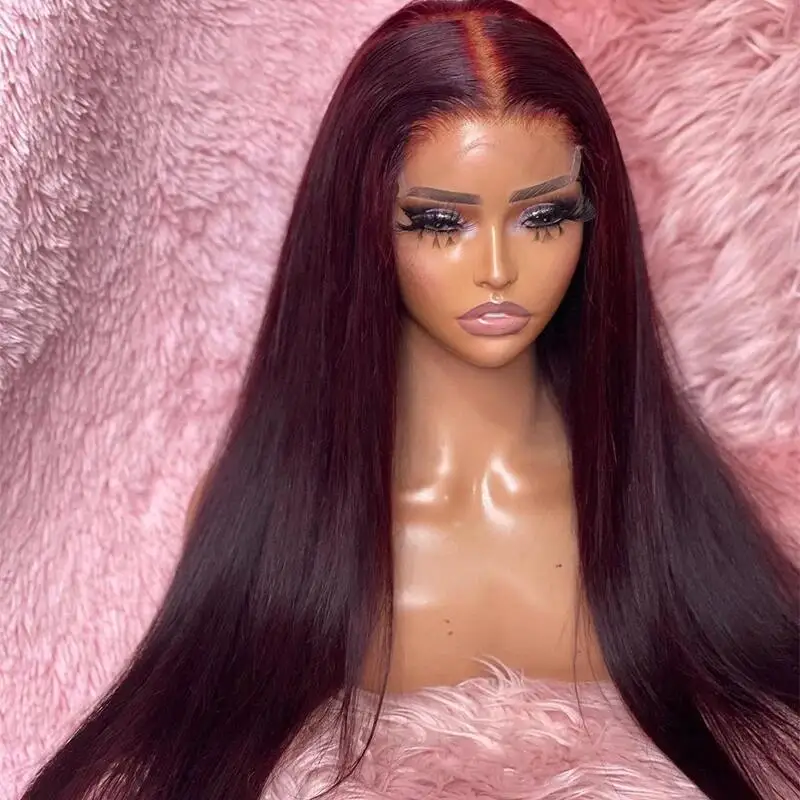 Long Silky Straight Burgundy180Density 26inch Deep Lace Front Wig For Women With Baby Hair Preplucked Glueless Daily