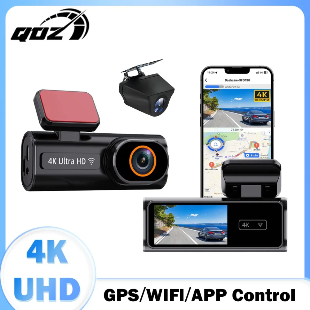 QOZ 4K Dash Cam Front and Rear WiFi GPS Dash Camera for Cars With 24H Parking Monitor WDR Night Vision Black Box