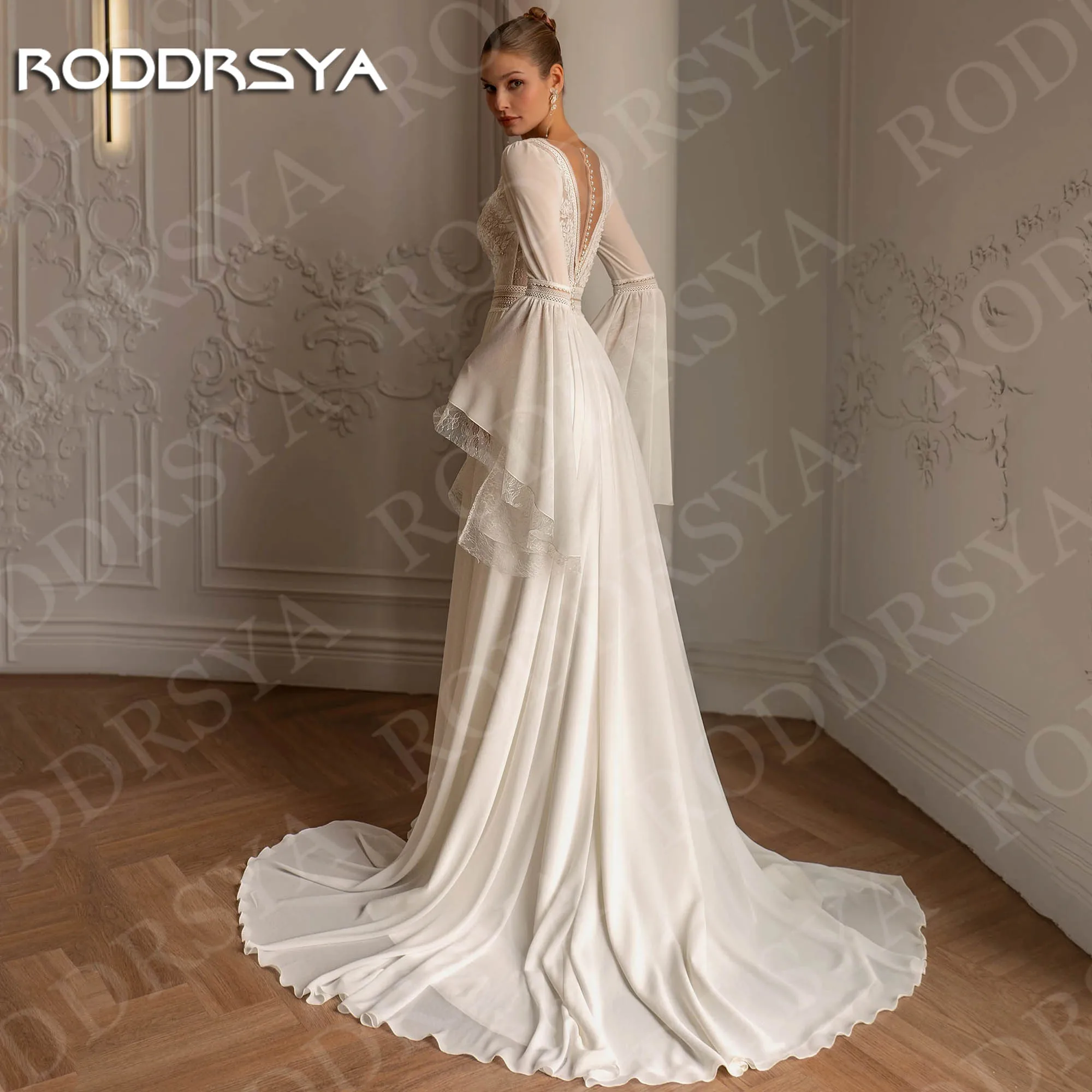 Gaun Pengantin Boho RODDRSYA Lengan Lonceng 2026 Wanita Renda Leher V Dalam Chiffon A-Line Gaun Pengantin Bohemian Aplikasi Kustom