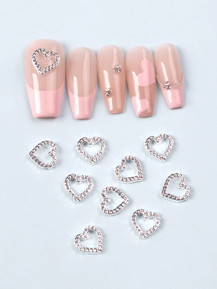 10pcs Silver Heart Alloy Nail Art Charm 3D Silver Metal Diamond Hollow Heart Love Nail Jewelry Luxury Nail Accessories