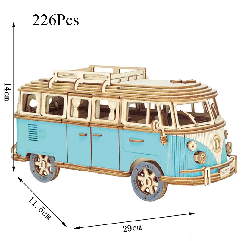 Modèle de camping-car en bois 3D pour enfants, assemblage de voiture rétro bricolage, bureau éducatif, décoration, artisanat, jouets de nuits de construction, 226 pièces