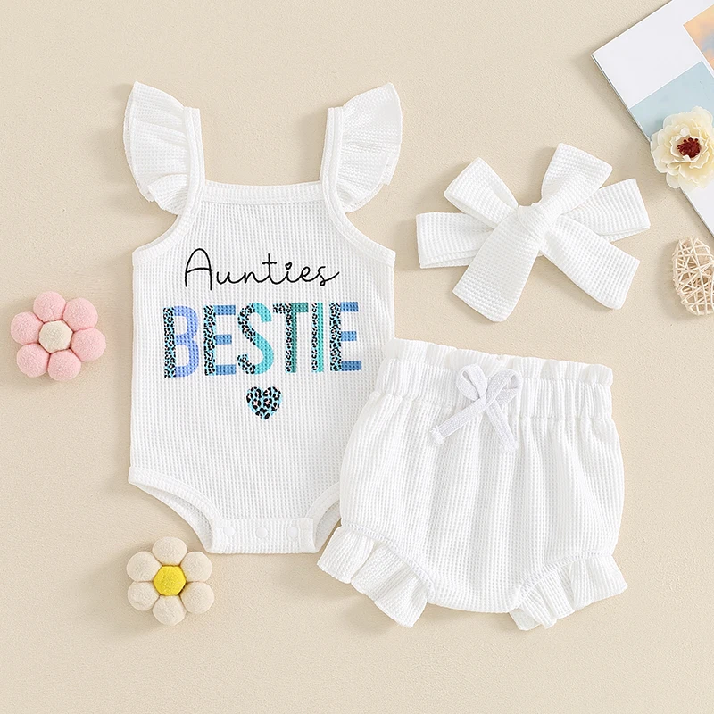 

2024-03-11 Lioraitiin 0-18M Baby Girls Clothes Set Fly Sleeve Letters Print Romper with Shorts and Hairband Summer Outfit