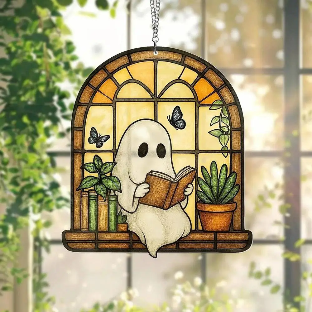 Halloween Ghost Bath Decor 2D Acrylic Cute Hanging Ornaments Reading Book Home Bedroom Living Room Window Decoration