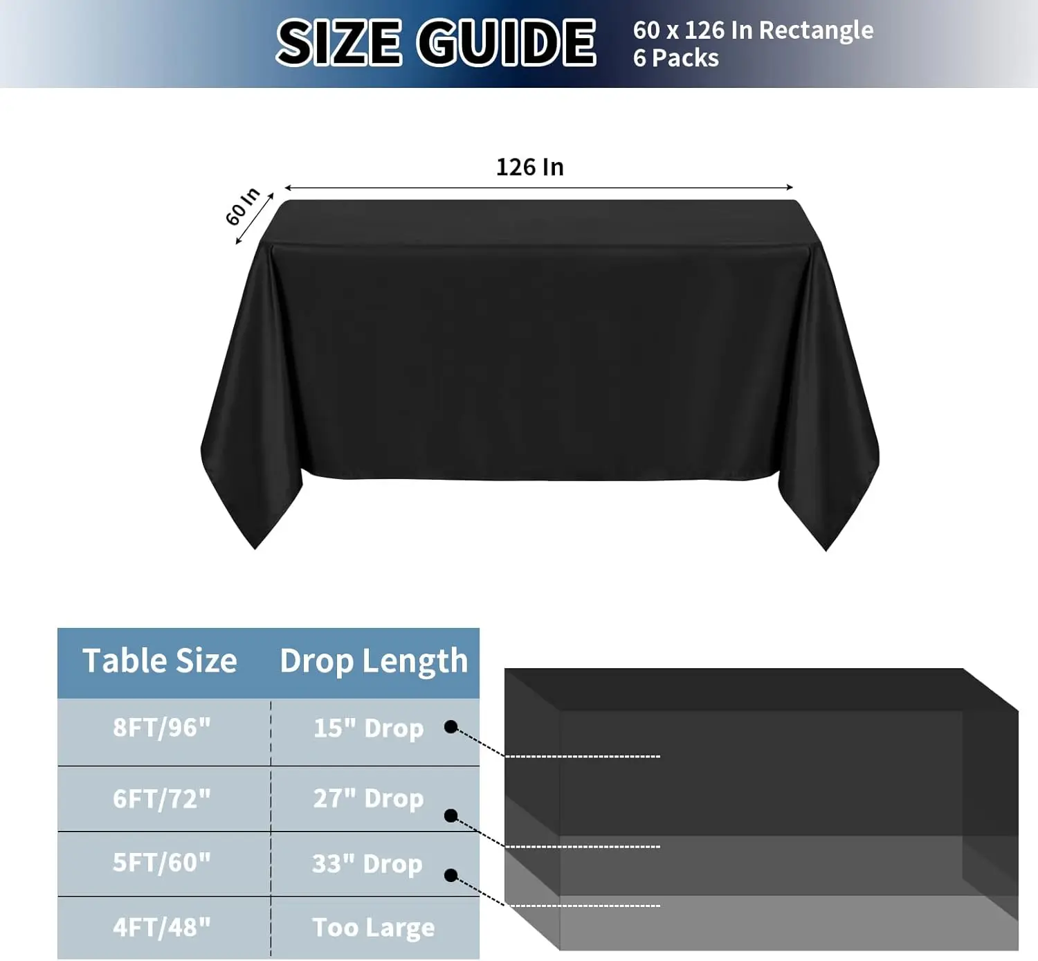 6 Pack Black Table Cloths 60 x 126 Inch, Stain and Wrinkle Resistant Table Linen for 6 Ft Rectangle Table,Polyester Table Covers