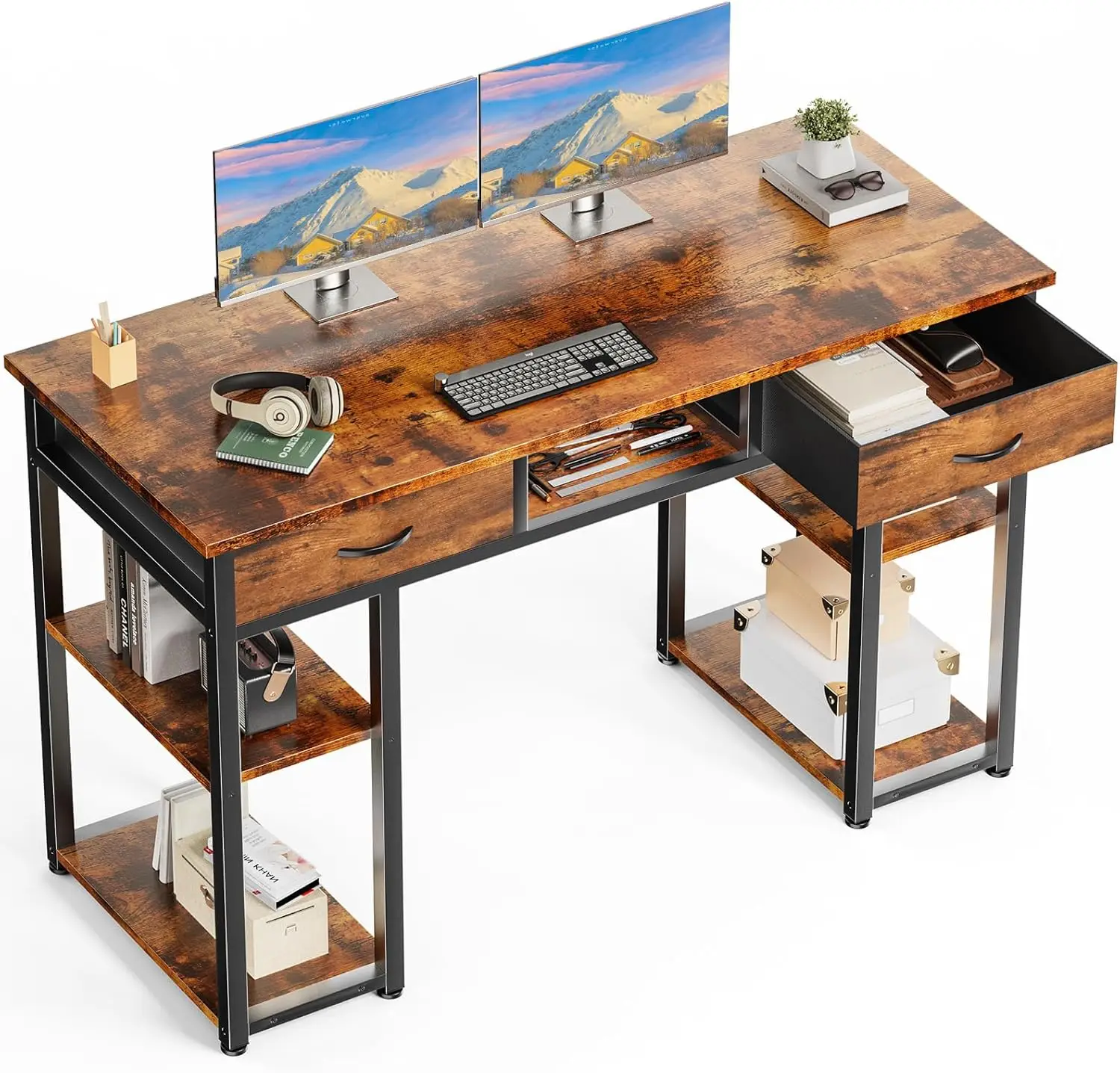 

48" Small Computer Desk with Drawers, Home Office Writing Table with Storage Shelf, Adjustable Feet, Metal Frame, Natural Brown
