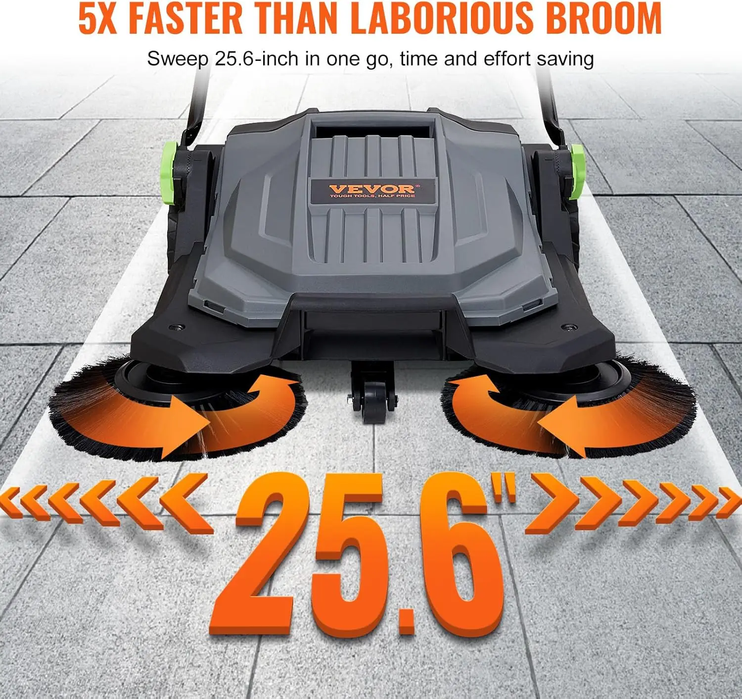 مكنسة أرضية تعمل بالدفع اليدوي، مكنسة أرضية بعرض 25.6 بوصة، مكنسة يدوية غير كهربائية، حاوية نفايات سعة 5 جالون، زاوية