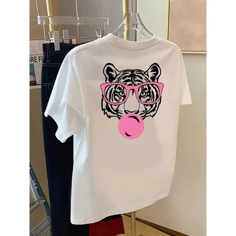Front and Back with Tiger Printed Women's T-shirt Fashion Glasses Pattern Round Neck Fashion Daily Basic Tee Top Women Clothing