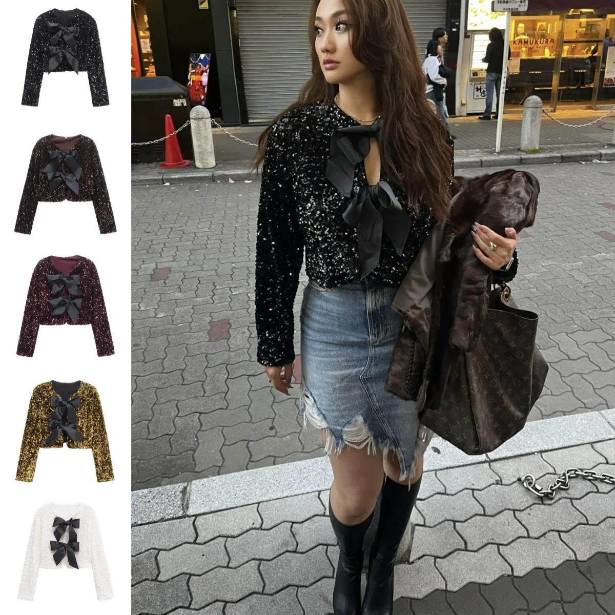 

LIBIELIY Women's Short Coat For Fall New Y2K Fashion Christmas Holiday With Bow Sequined Cardigan Party Stage Short Coat