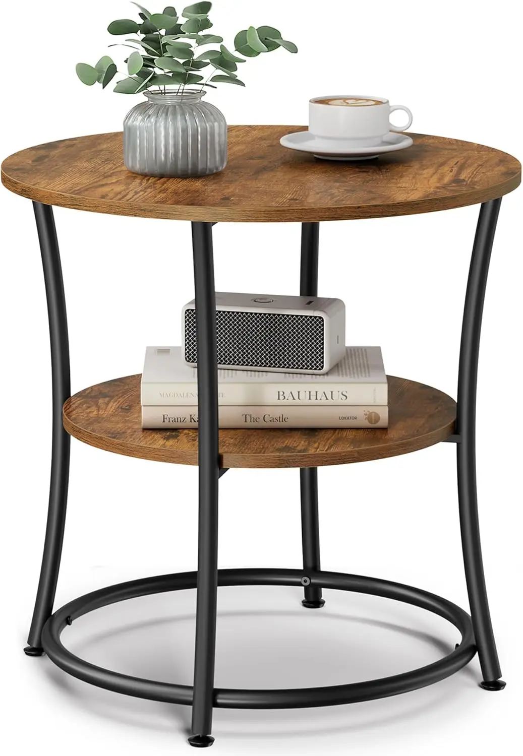 

Side Table, Round End Table with 2 Storage Shelves Bedroom, Nightstand with Steel Frame for Small Spaces