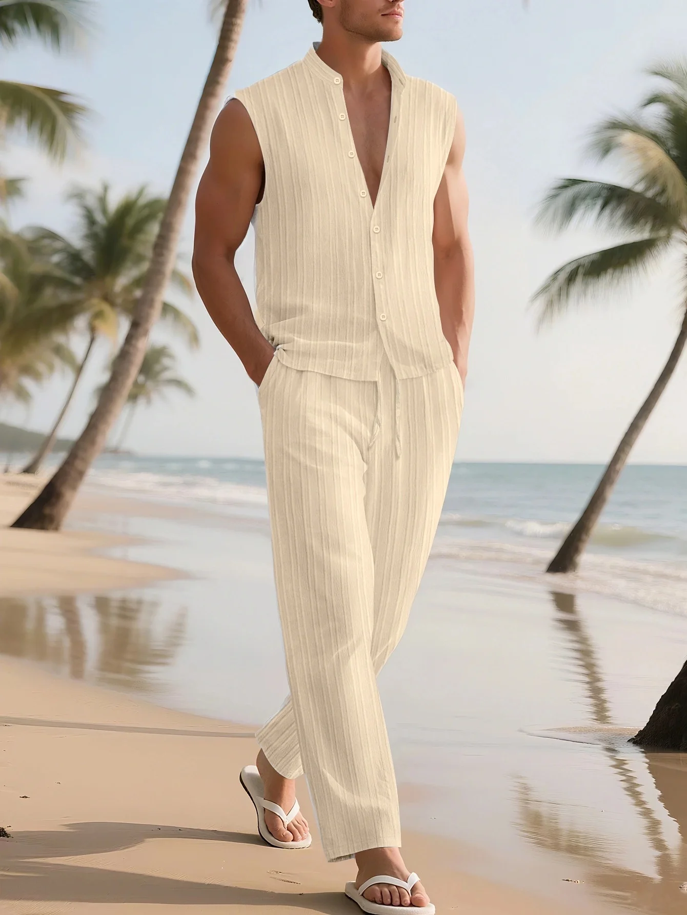 Summer New Men's Fashion Stand Collar Embroidered Solid Color Sleeveless Shirt And Pants Beach Casual Outfit Set view 3