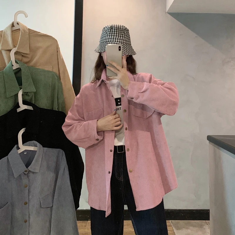 Ladies Shirts New Style Corduroy Button Shirts Long Sleeve Collar Shirt Jacket With Pocket Cardigan Coat Windbreaker