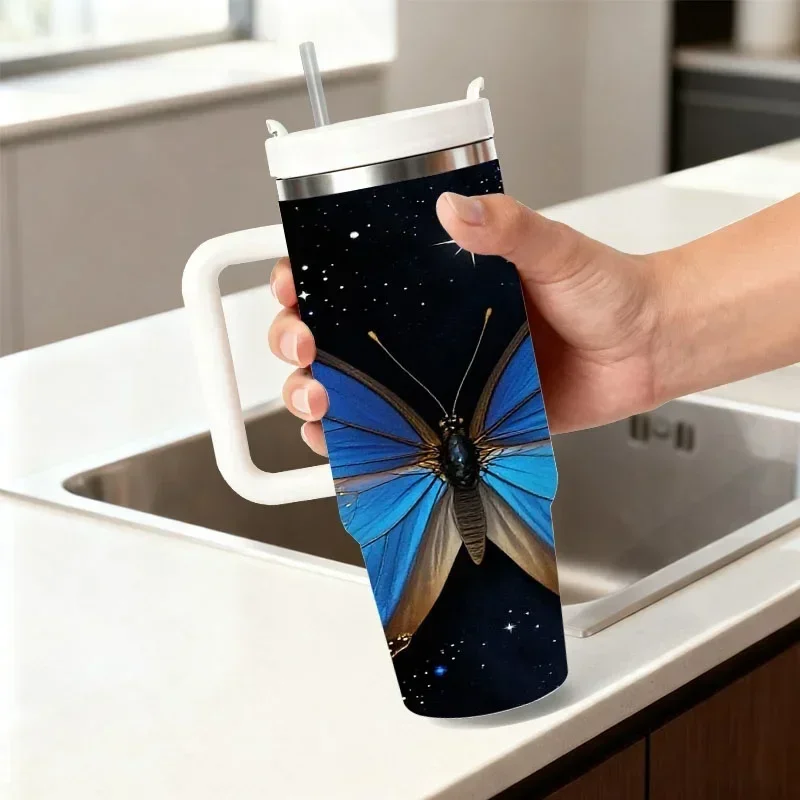 Starry Sky Blue Butterfly Digital Print 40oz Stainless Steel Insulated Tumbler, Reusable Thermal Cup for Keeping Drinks Hot or Cold, Ideal for Daily Commute, Office Use & Outdoor Travel
