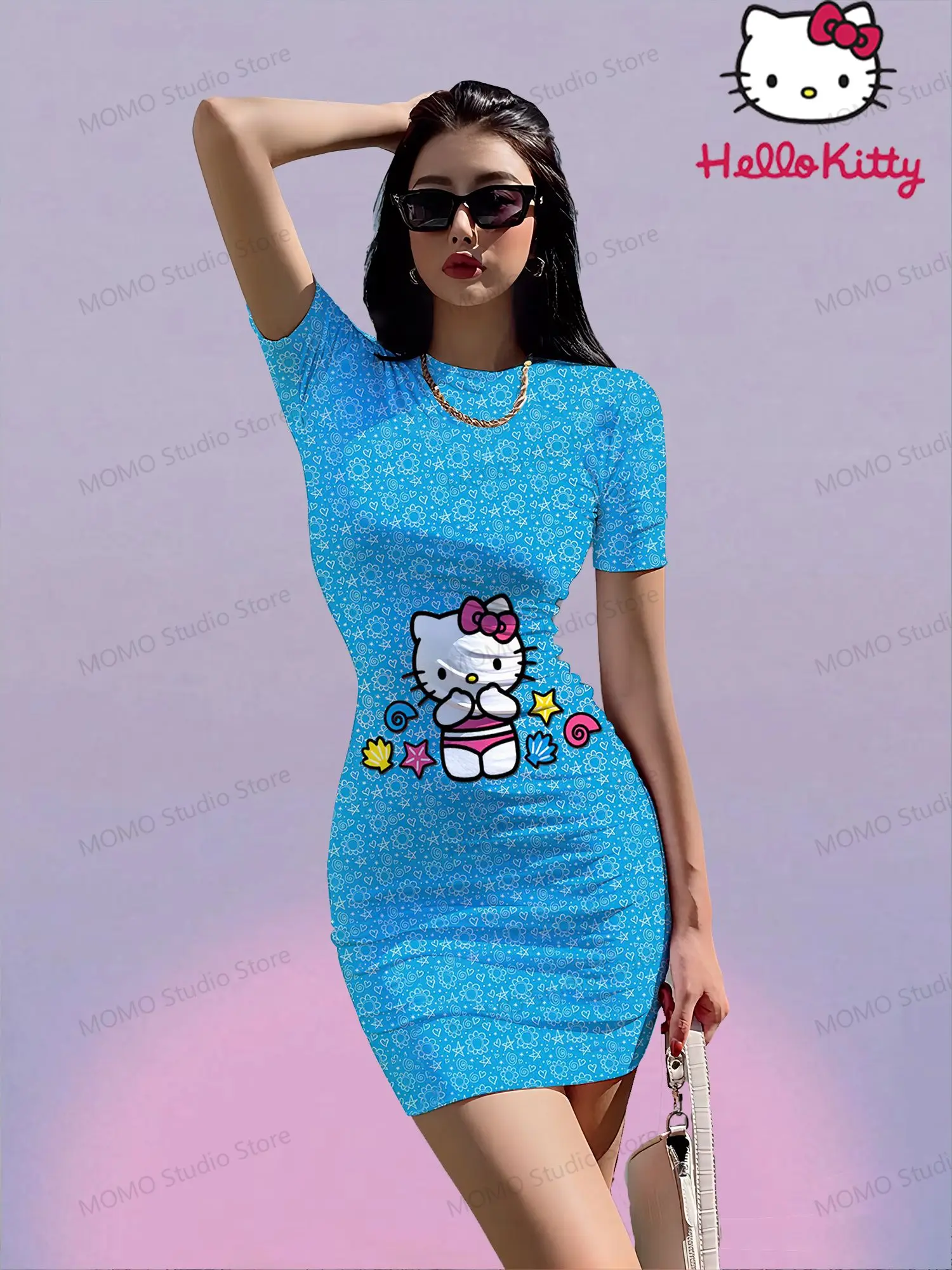 

Hello Kitty Kawaii Women's Short Sleeve Hip Dress S-3XL 2024 O Neck Sanrio Sexy Dresses Summer Y2k One-piece Fashion New Elegant