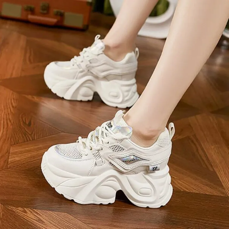 

Женские кроссовки на платформе 9 см из синтетической кожи и сетки, удобные демисезонные ботинки, разноцветные, на вулканизированной подошве