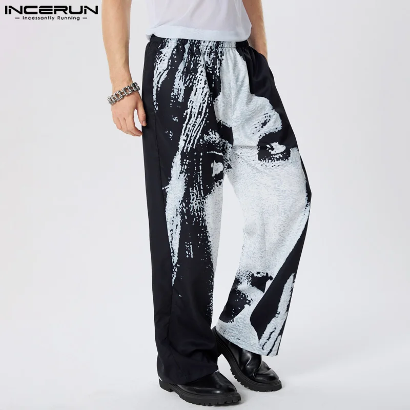 INCERUN 2024 American Style Stylish Trousers Men\'s Abstract Facial Printed Design Pants Casual City Walk Male Hot Sale Pantalons