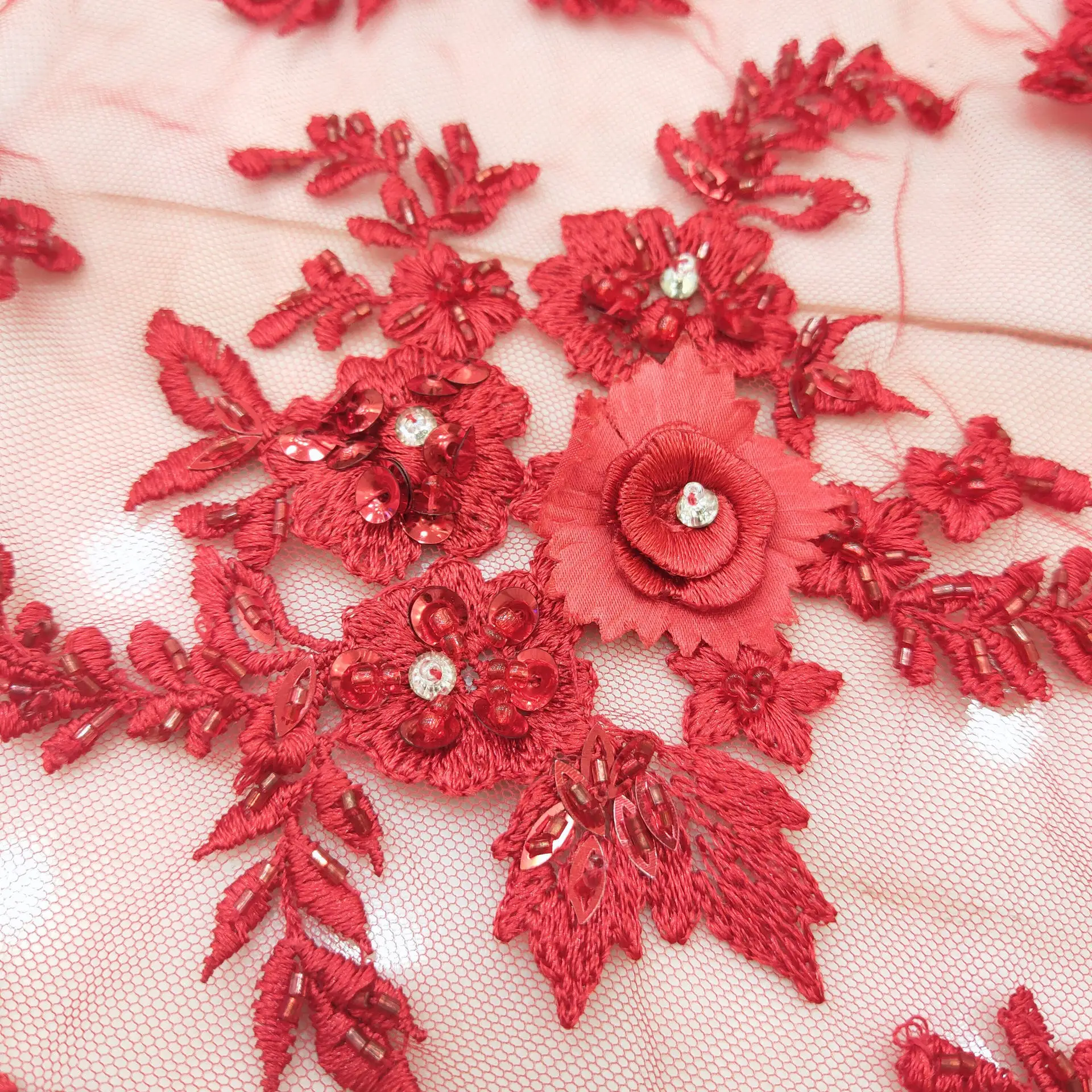 Multicolor Hand-Sewn Bead Lace 3D Floral Embroidery DIY Tulle Applique Trim Embroidered Patches for Craft Decor Fabric