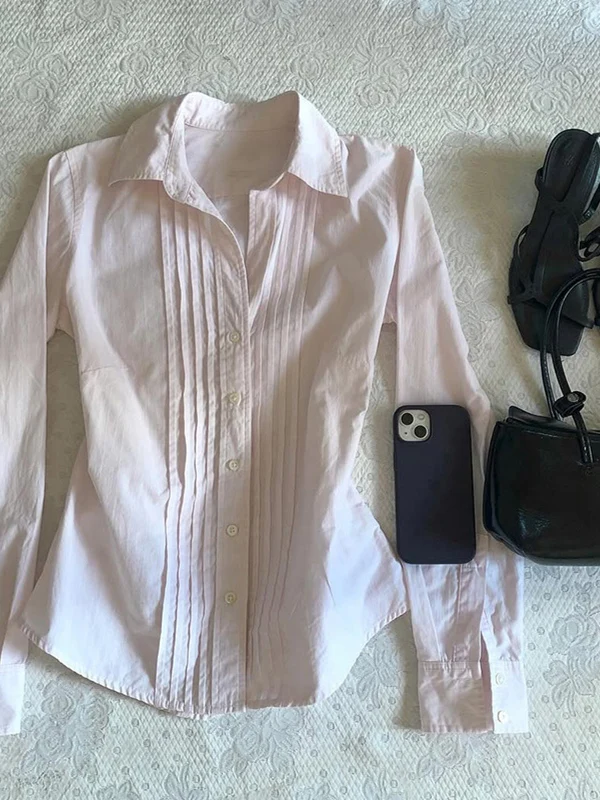 Originale retrò rosa lungo Sve irt f Sp ragazza versatile top dimagrante in cotone abbottonato Ne vestibilità regolare primavera 2025