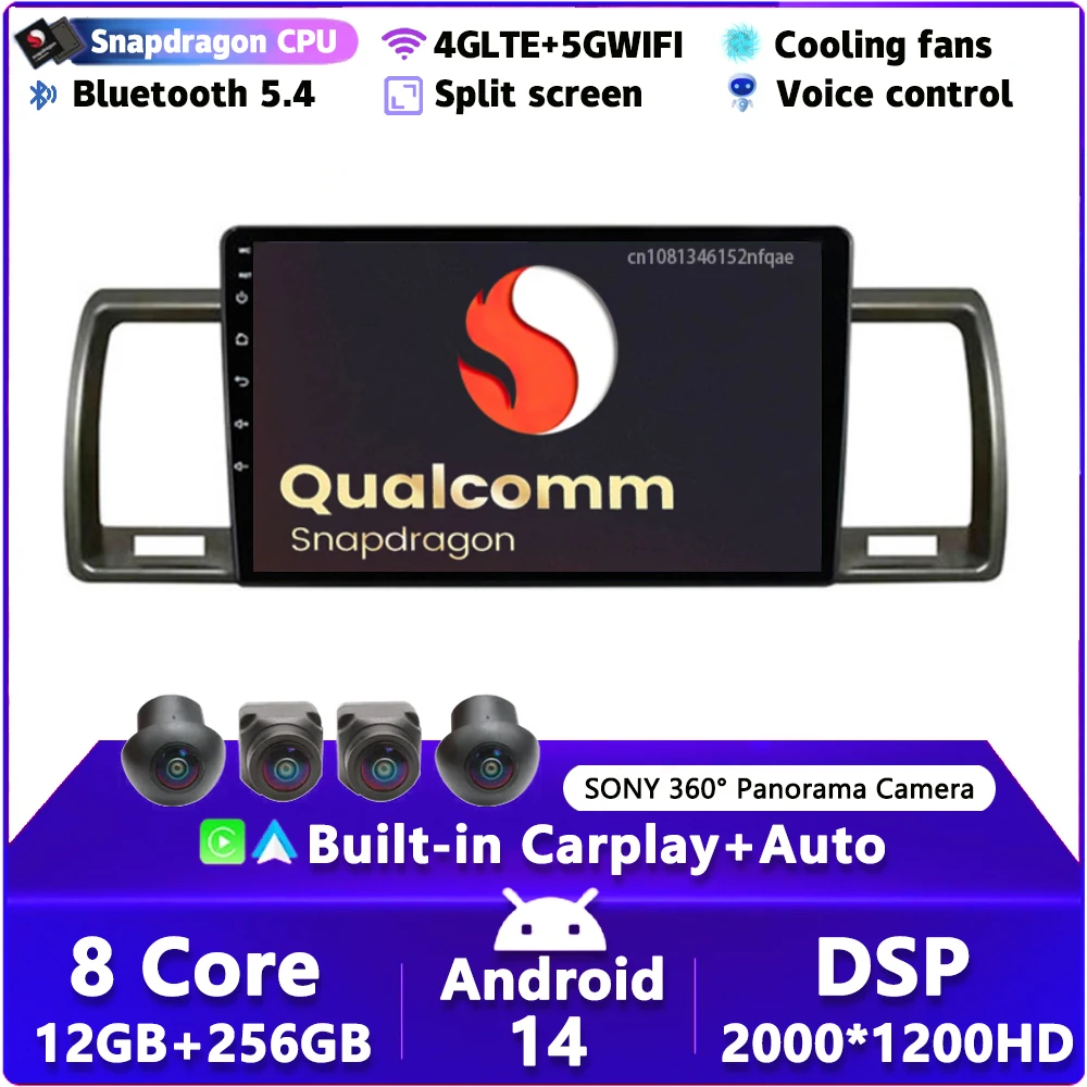 

Автомобильный радиоприемник Carplay на Android 14 для Toyota Hiace 2004 2005-2019, навигация GPS, мультимедийный плеер, Wi-Fi + 4G стерео BT 360 камера DSP