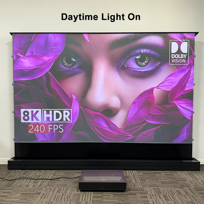 100 بوصة 2025 جديد ALR رفض علامة التبويب الكهربائية الآلية التوتر الطابق ارتفاع العارض شاشة مربع قذيفة لجهاز عرض UST