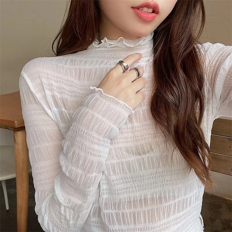 Fashion Women Long Sleeve Tops Korean Streetwear Loose Solid Sexy Club Summer Casual Transparent Thin Folds Tee Shirt
