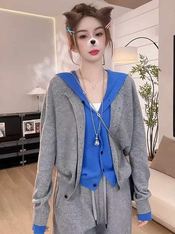 

Корейский вязаный свитер-шапка для женщин: модный, универсальный, омолаживающий, многослойный дизайн, длинный рукав, свободный крой, новинка зимы