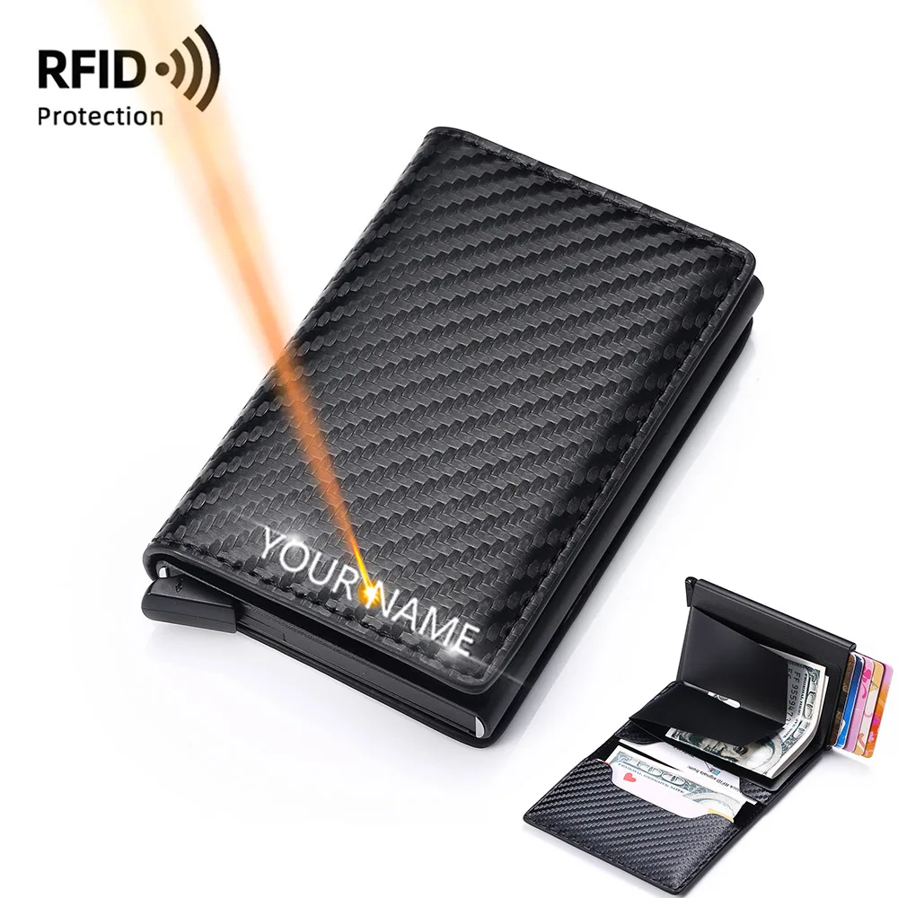 Name Customized Men RFID Wallets Small Card Bag Carbon Fiber Slim Mini Short Male Purse Top Quality Men Card Clips