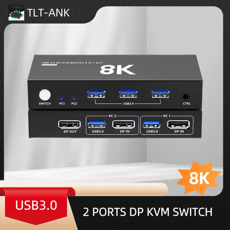 

2-Port DP KVM Switch 8K@60Hz with 3xUSB 3.0 Ports - High-Speed USB Hub, Display Switcher for PC/Workstation/Gaming