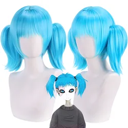 Peluca azul para Sally Face Cosplay, pelo corto, Anime Sythetic Party con 2 colas de caballo