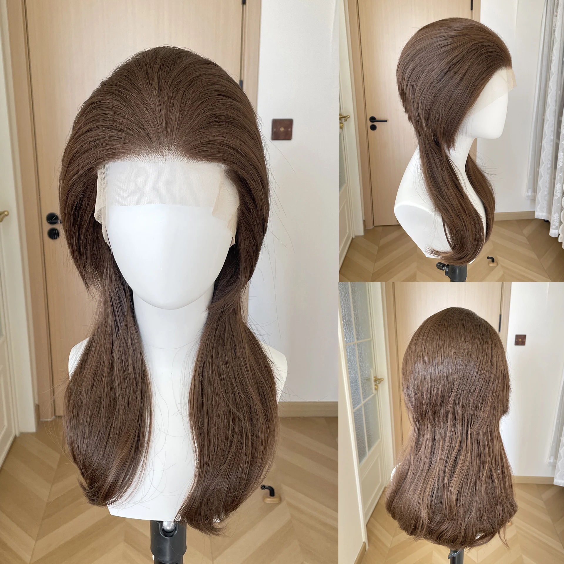 

Light Brown Mullet Cosplay Wigs for Men 13x4 Synthetic Lace Front Wigs for Women Shoulder Length Short Curly Wigs with Ponytails