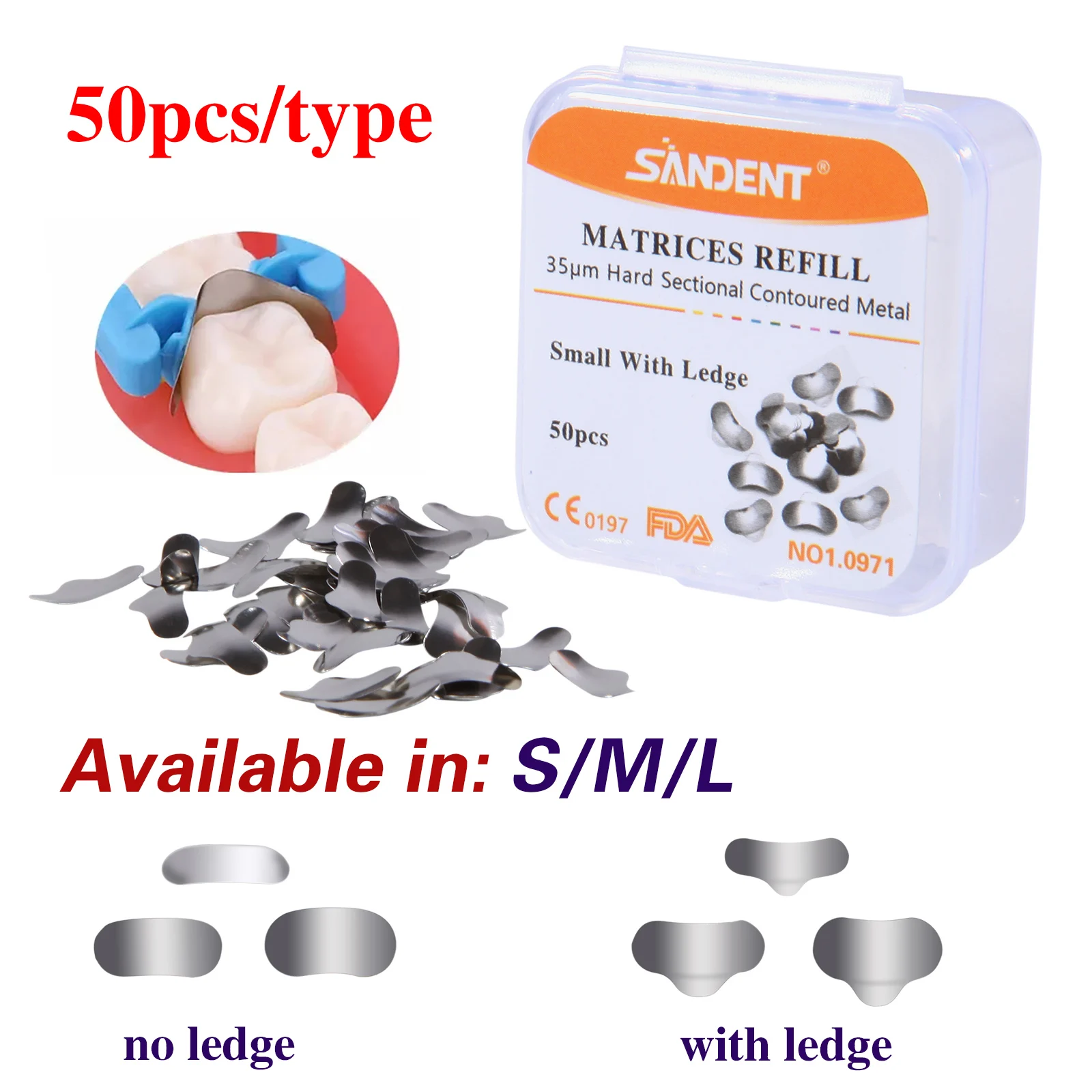 50Pcs/Box Dental Metal Matrices Soft&Hard Band/Ledge Sectional Contoured Matrix Refill S/M/L 35μm SANDENT