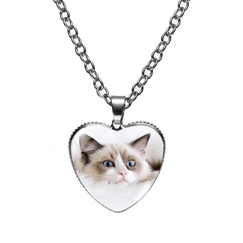 Hot Selling Fashion Accessories Heart Shaped Glass Pendant Alloy Necklace Cat Pattern Exquisite