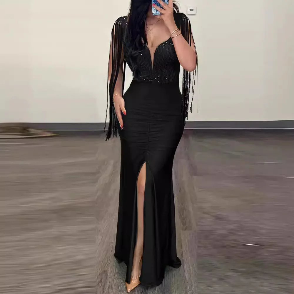 

2025 Black Fashion Evening Dresses Deep V-Neek Strap Floor Length Sweep Train Banquet Special Occasion Female Tassel Vestidos