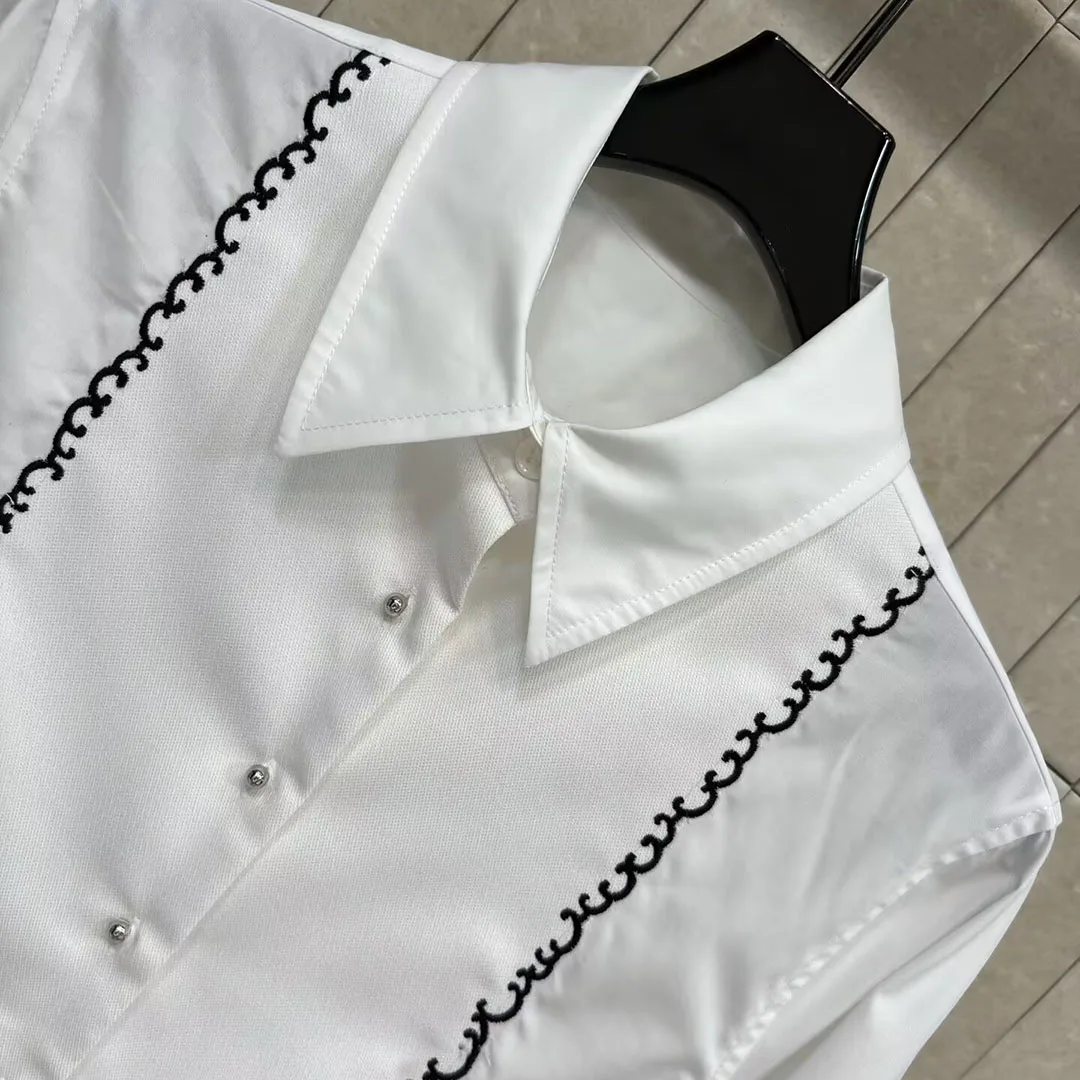 Elegant Lady Fashion White Shirt Women Lapel Long Sleeve Embroidery Pattern Buttons Loose Long Blouse Office Wear