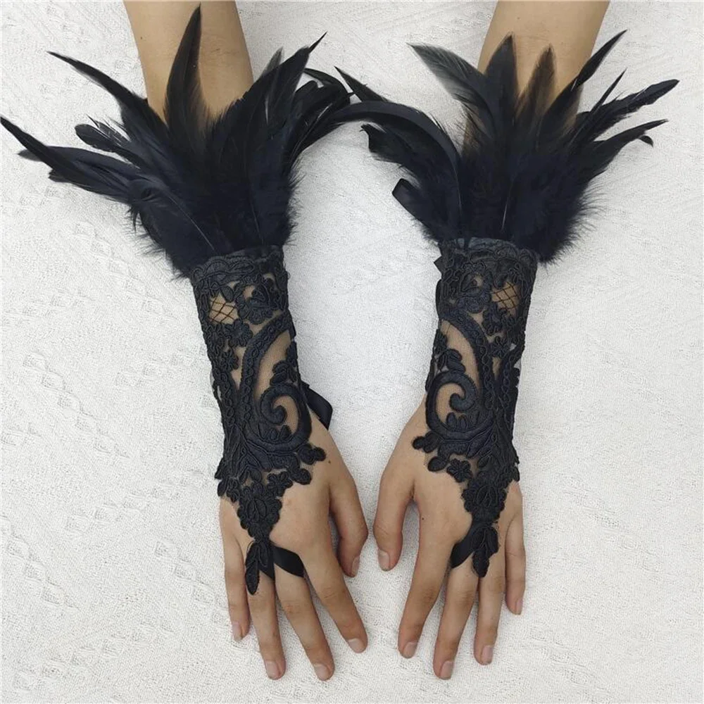 1pc Lace Feather Long Gloves Gothic Mesh Sleeve Halloween Party Hook Embroidery White Black Mittins Female Stage Accessory