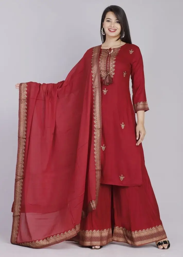 

Wedding Dress Maroon Salwar Kameez Printed Rayon Kurti Palazzo Dupatta Set